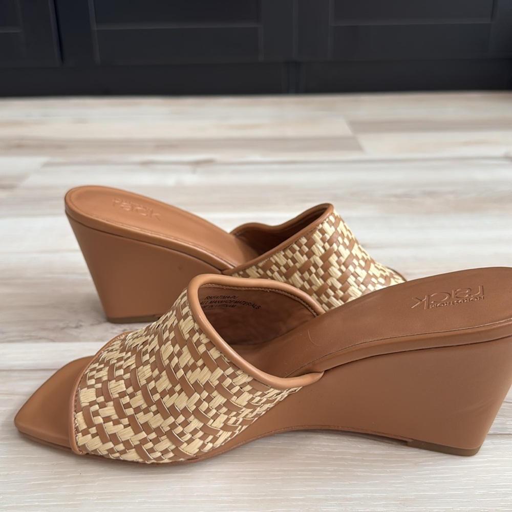 Nordstrom Fatima Wedge Sandal Raffia Slide Mule Heels Tan 8.5 NWT - Picture 4 of 7